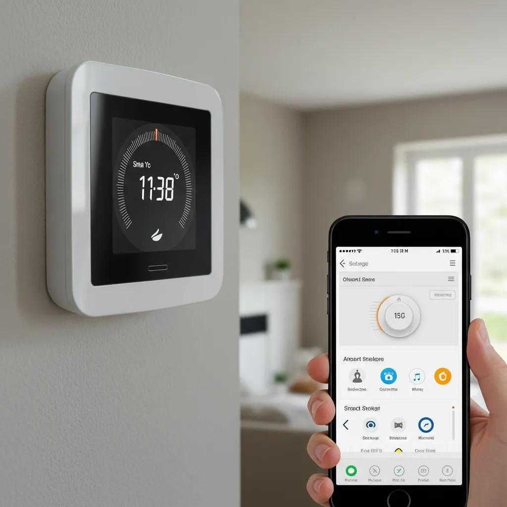 Smart thermostat with smartphone app, demonstrating advanced features and home integration