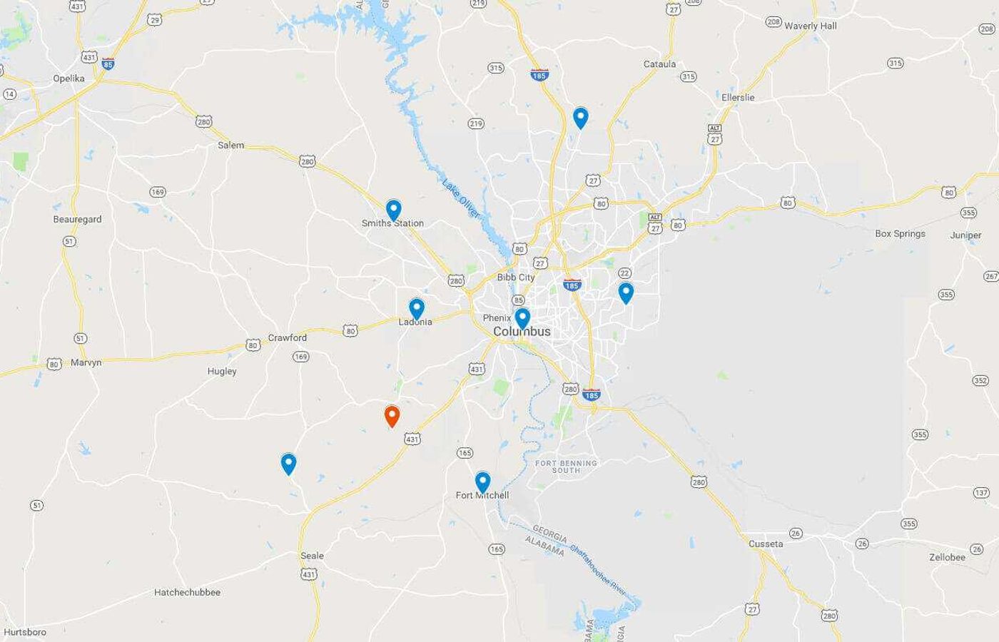 Regional map of the Priority Indoor Comfort service area across the Phenix City, AL and Columbus, GA metro