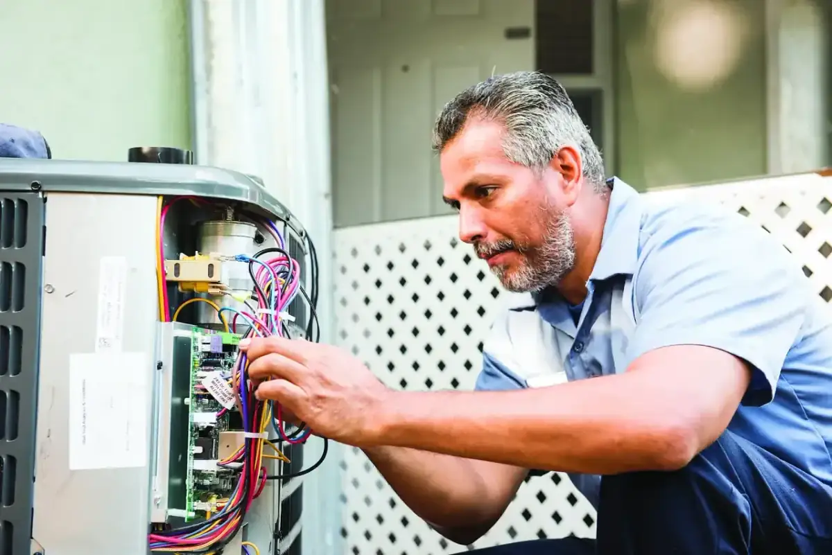 HVAC technician wiring the control panel of an outdoor air-conditioning unit