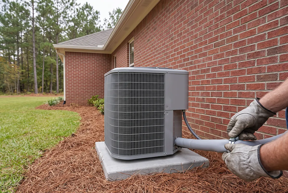 New outdoor air-conditioning condenser on a concrete pad beside a brick wall