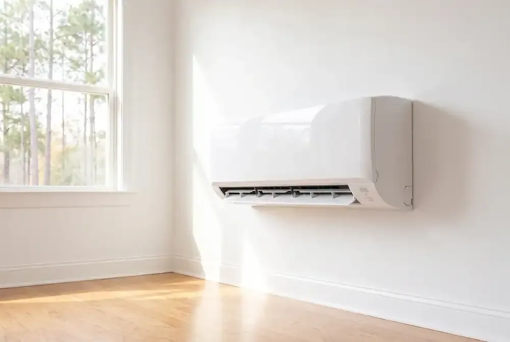White wall-mounted ductless mini-split head in a bright bonus room
