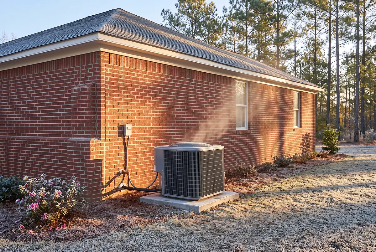 New outdoor heat pump beside a brick home on a clear winter morning