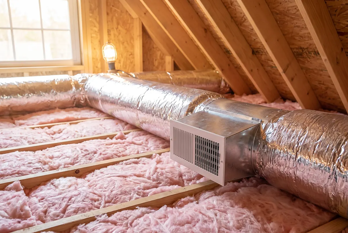 New sealed and insulated ductwork in a clean attic
