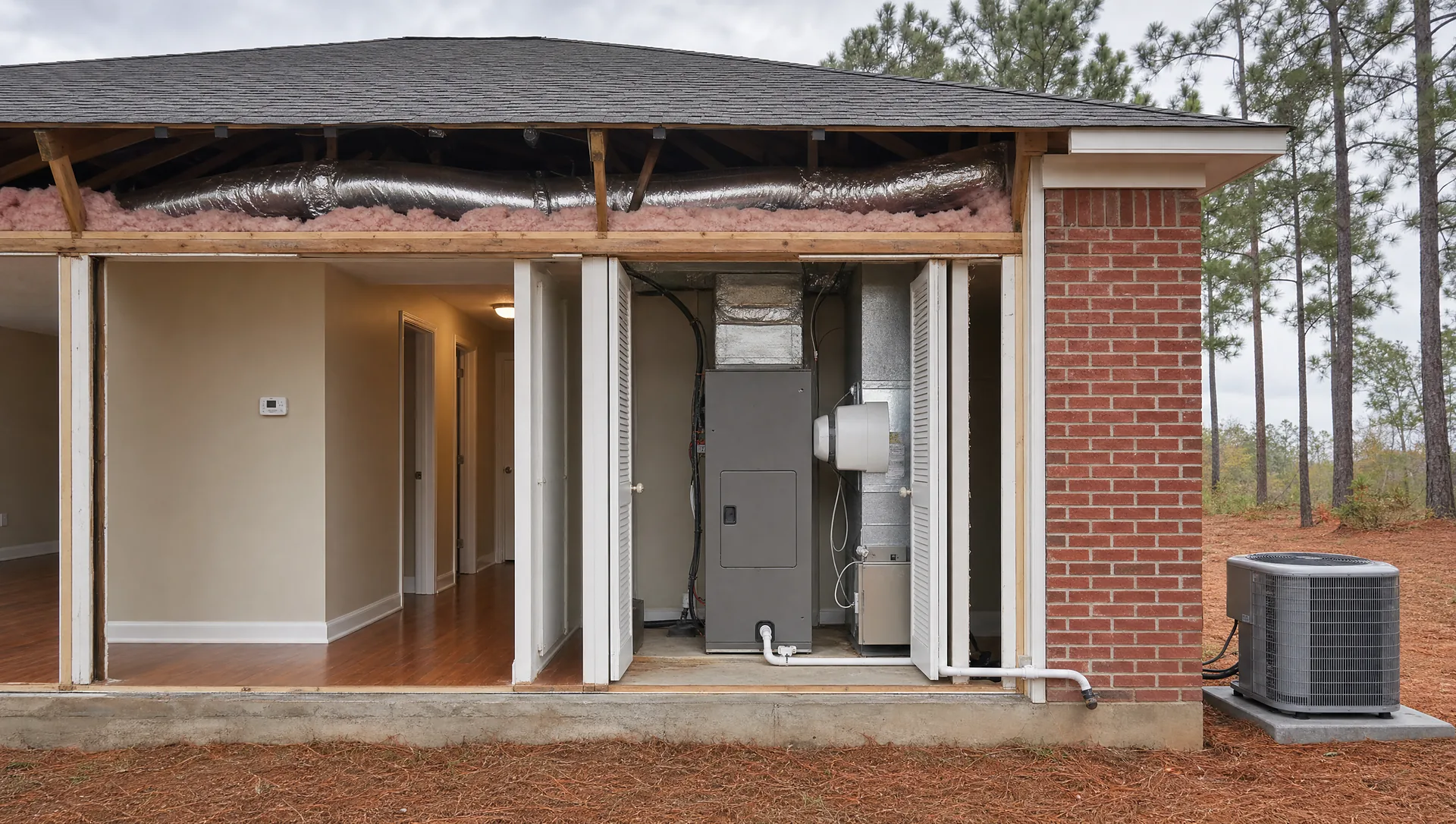 Cut-away view of a brick ranch home showing the attic ductwork, thermostat, air handler with filter and humidifier, condensate drain, and the outdoor unit on its pad