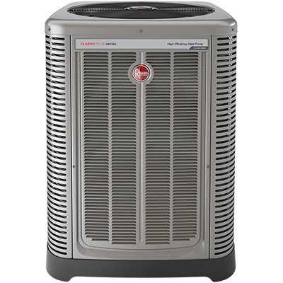 Rheem HVAC outdoor unit showcasing advanced energy-efficient design and cooling technology for reliable heating and air conditioning solutions.