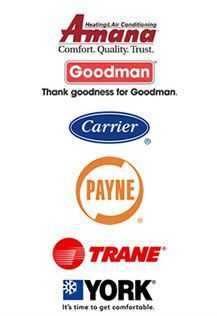 Logos of HVAC brands including Amana, Goodman, Carrier, Payne, Trane, and York, representing trusted heating and cooling solutions for home comfort.