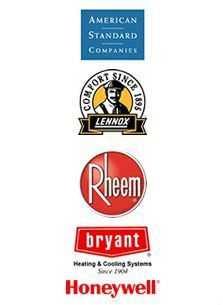 Logos of HVAC brands including American Standard, Lennox, Rheem, Bryant, and Honeywell, representing trusted manufacturers in heating and cooling solutions for home comfort.