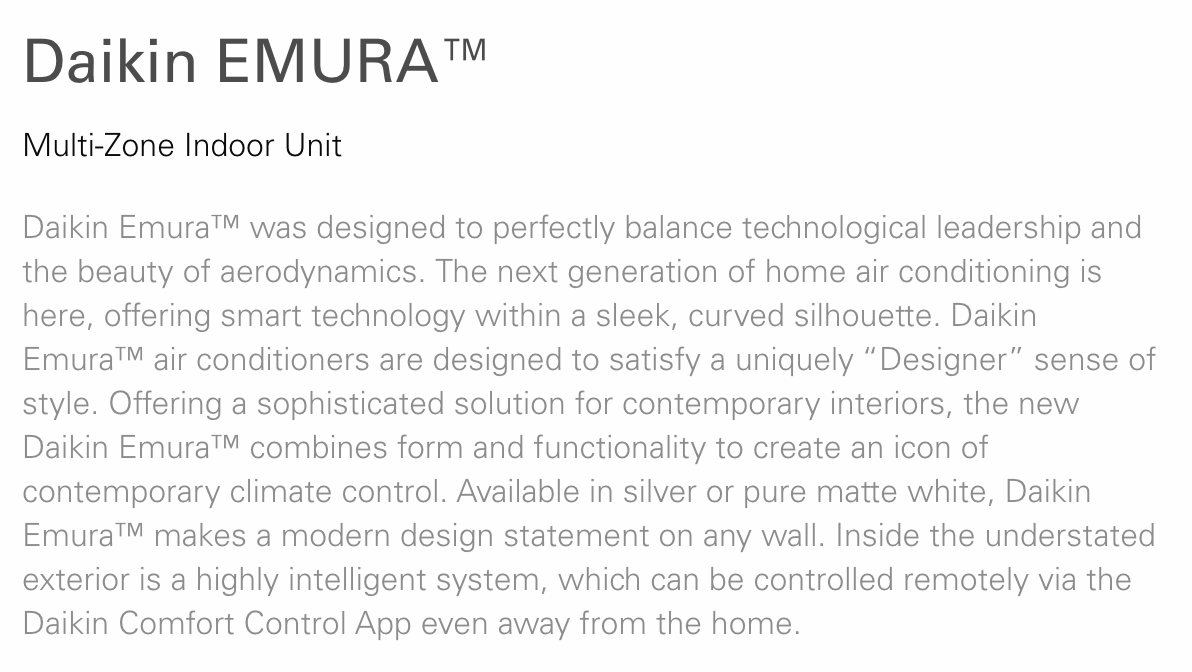 Daikin EMURA™ multi-zone indoor unit showcasing sleek design and advanced technology for energy-efficient climate control in modern homes.