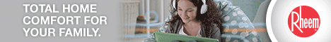 Total home comfort for your family with Rheem HVAC solutions, featuring a woman using a laptop in a cozy home environment.