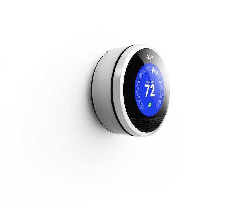 Nest Learning Thermostat displaying temperature setting of 72°F, designed for energy efficiency and home comfort.