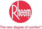 Rheem logo with tagline "The new degree of comfort," representing premium HVAC products and services by Priority Indoor Comfort.