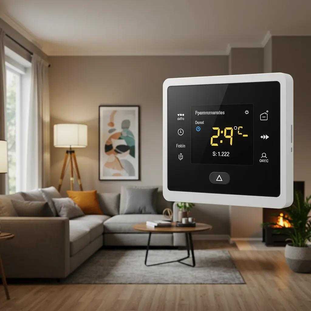 Modern programmable thermostat in a cozy living room, highlighting energy savings and comfort