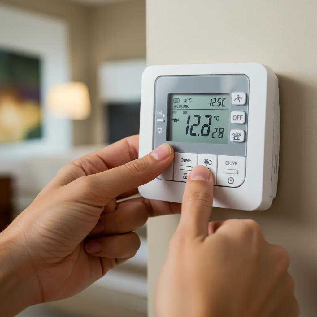 Person programming a thermostat in a bright home, illustrating energy-saving techniques