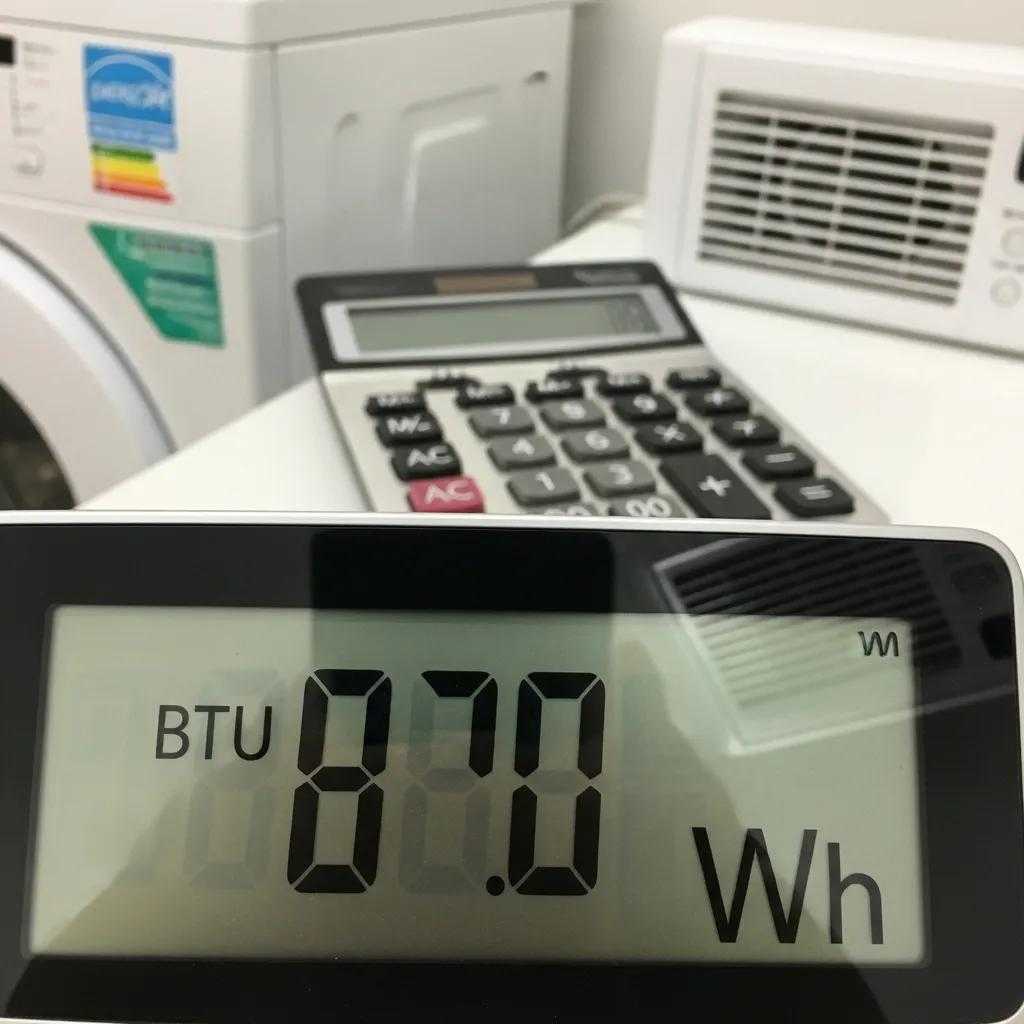 Close-up of digital display showing BTU and watt-hour metrics related to SEER calculation