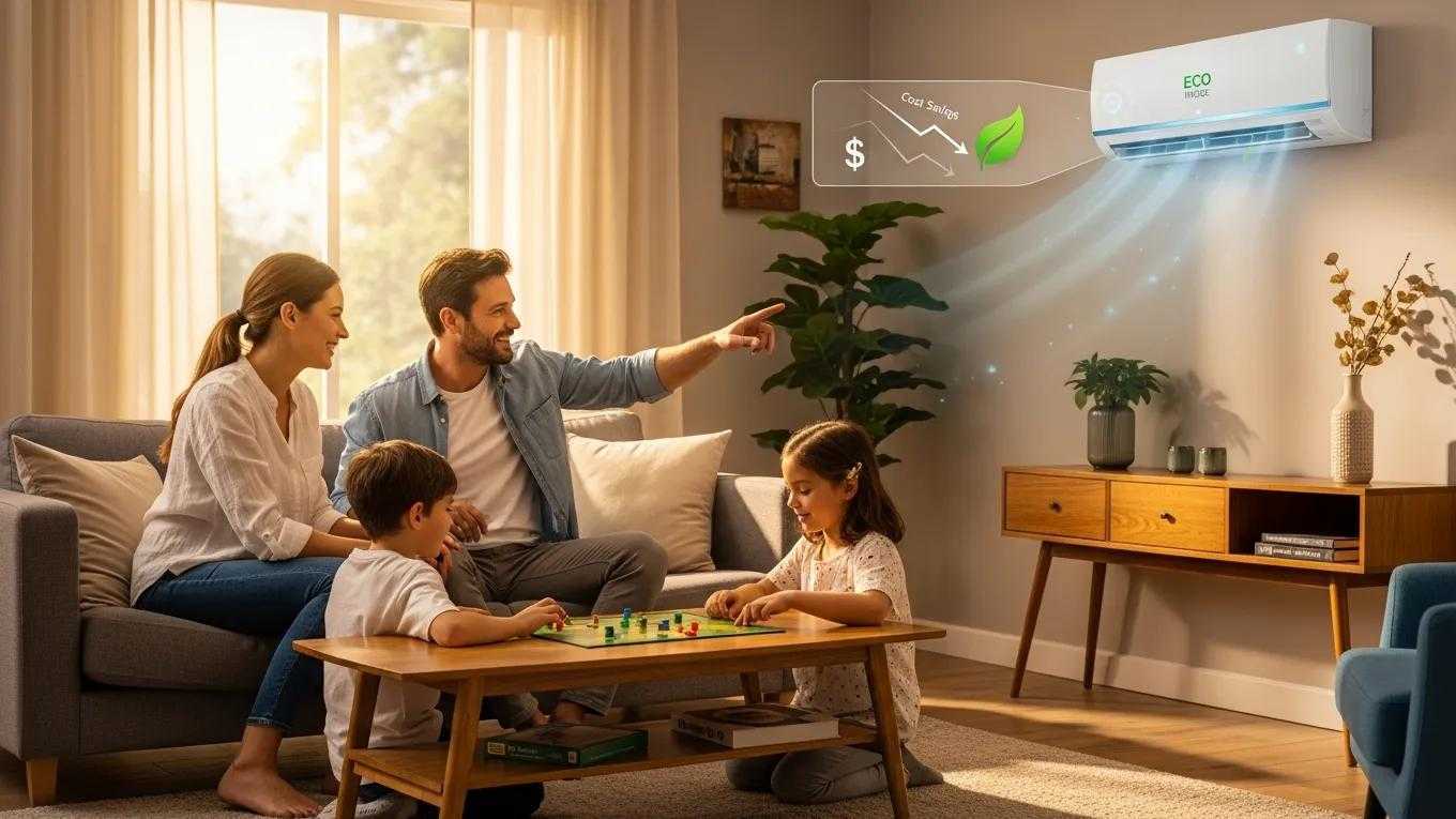 Family enjoying comfort in a living room with an energy-efficient air conditioning unit