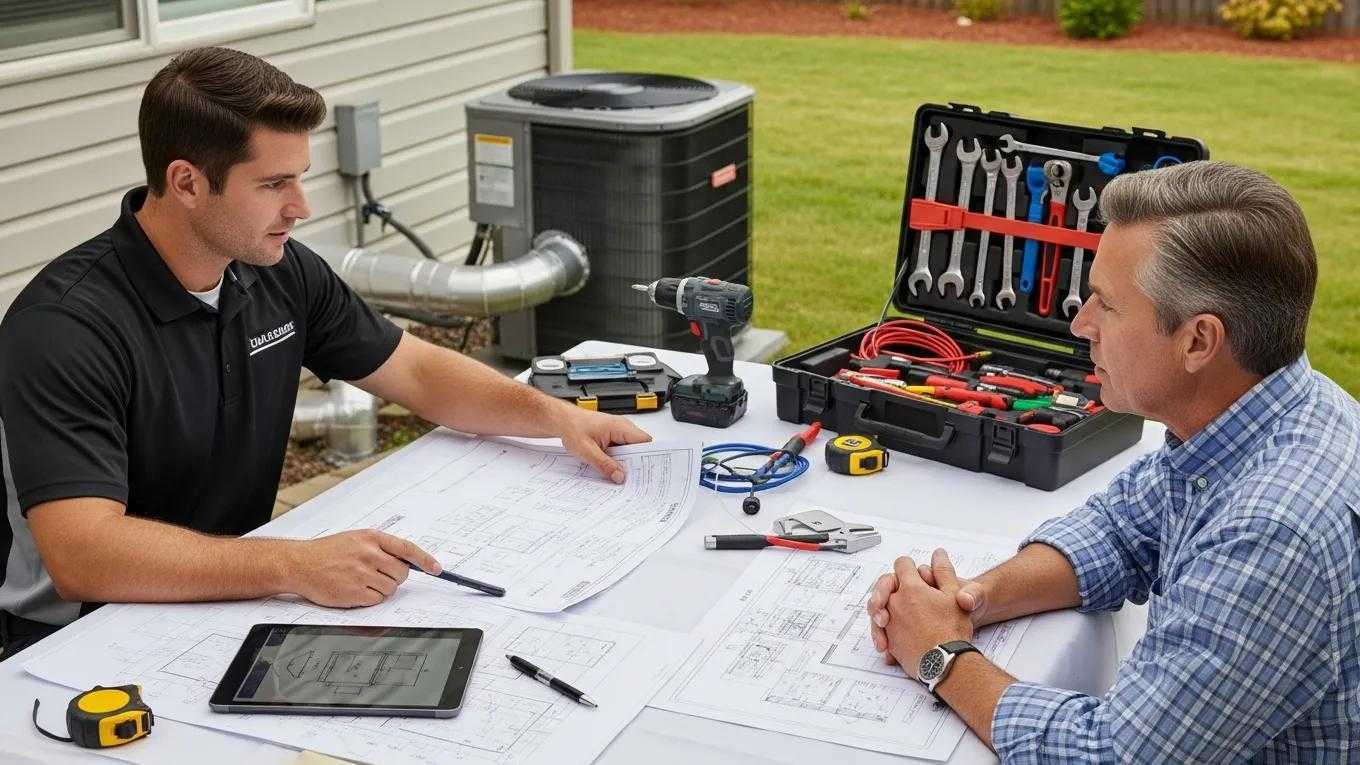 Licensed technician consulting with homeowner about central air installation process